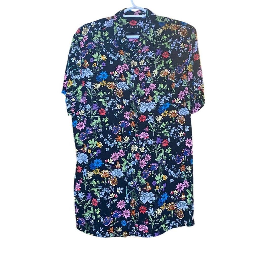 E250 Empyre Medium Black Multicolor Floral Short Sleeve Button Front Shirt - Picture 3 of 7